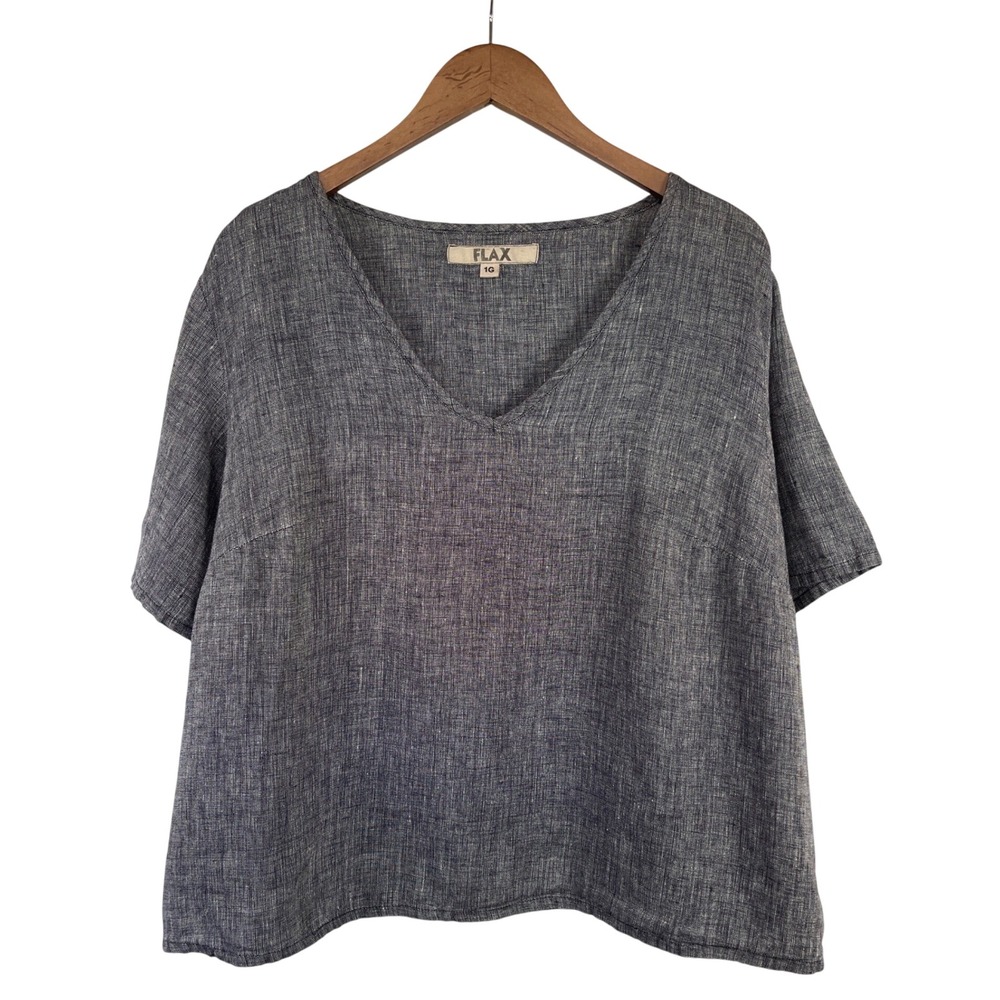 FLAX Linen V-Neck Short Sleeve Top 1G 18-20 Charcoal Grey Melange Lagenlook Boxy